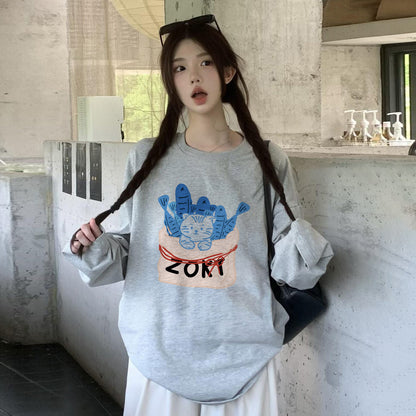 【トップス】猫柄 アメリカンレトロ   長袖Tシャツ レディース 春トレンド ゆるシルエット 高見え デザインカットソー 人気トップス【FCシリーズ】
