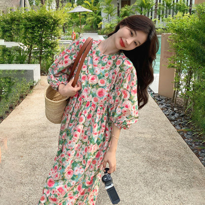 【ワンピース】フレンチヴィンテージ油絵風 気質 パフスリーブ ロング丈 花柄半袖ワンピース ゆったり 【SHシリーズ】