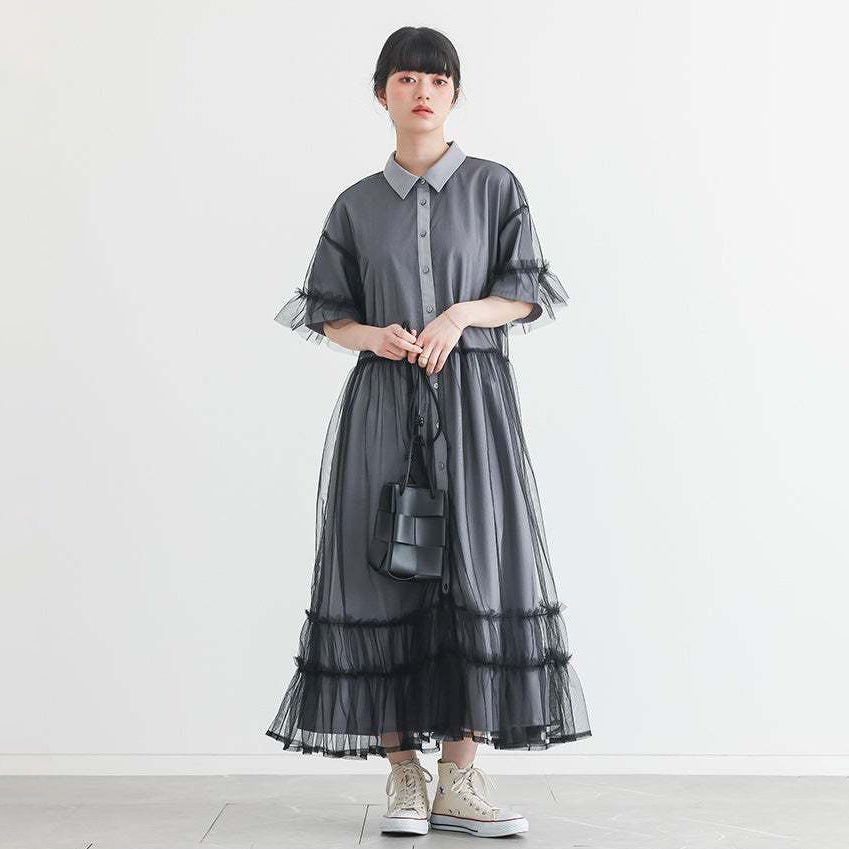 【ワンピース】デザイン感 フェイクレイヤード 切り替え Aライン 半袖ワンピース レディース 夏 無地 フレアスリーブ ロングワンピース【JZシリーズ】