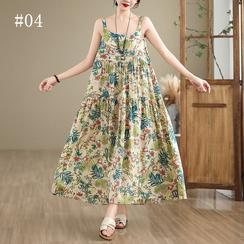 全6柄展開【ワンピース】 綿麻素材 花柄キャミワンピース｜ゆったり大きめサイズ＆ロング丈 ノースリーブワンピース【SHシリーズ】