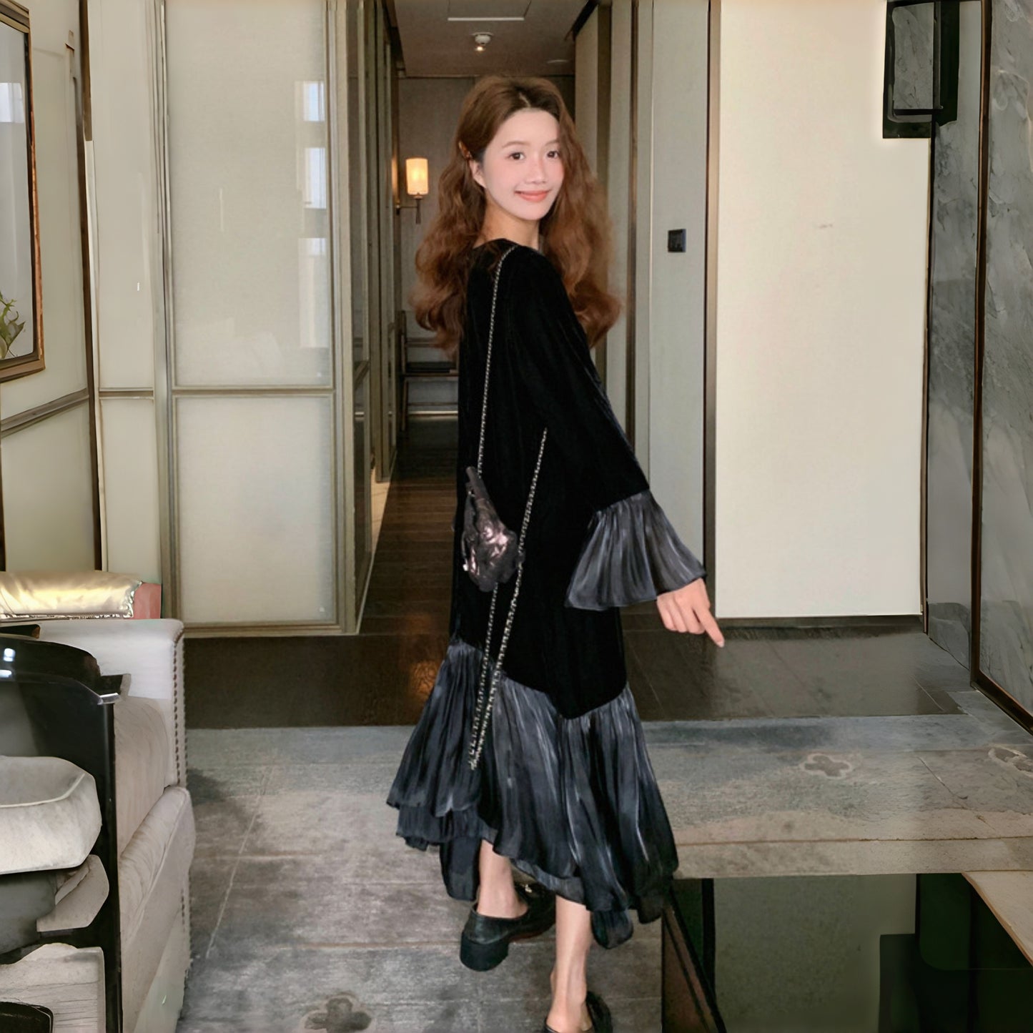 【ワンピース】春 秋 冬 フレンチ 高級感 気質よい フリル ベルベット 長袖ワンピース【JZシリーズ】