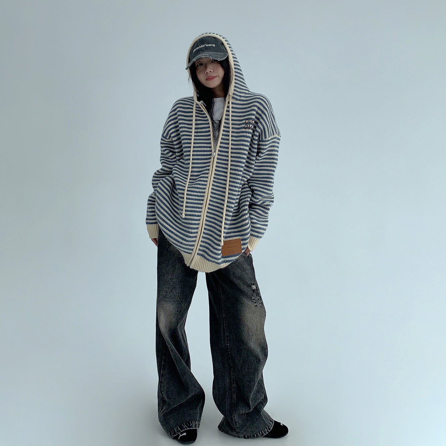 【トップス】ゆるレトロ感♡厚手ボーダーニットパーカー カーディガン レディース 冬の定番アイテム【FCシリーズ】