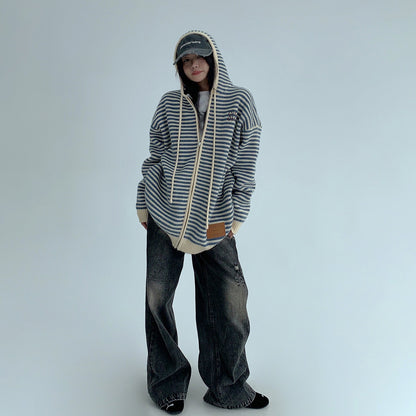 【トップス】ゆるレトロ感♡厚手ボーダーニットパーカー カーディガン レディース 冬の定番アイテム【FCシリーズ】