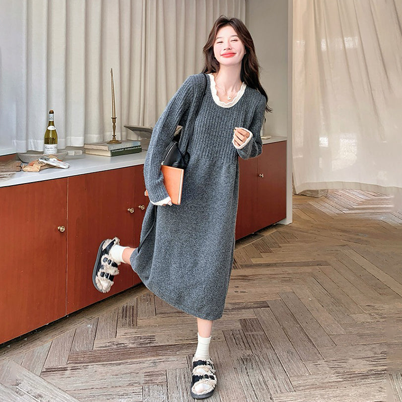 【ワンピース】韓国風 上品かわいい ニットレース切り替え 長袖ワンピース レディース 秋冬ミドル丈【JZシリーズ】