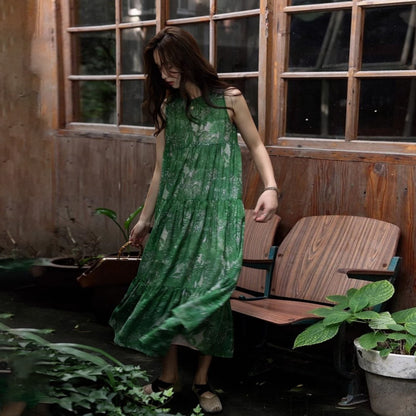 【ワンピース】リゾート風 夏新作 ゆったり細見えデザイン ヴィンテージフラワー ノースリーブワンピース【SHシリーズ】