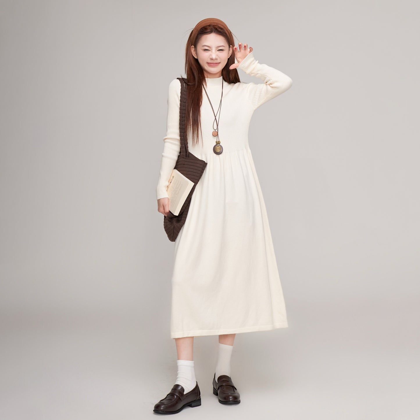 【ワンピース】秋冬 レトロ 森ガール マスタードグリーン ニットサロペットワンピ レディース 重ね着スタイルノースリーブワンピース【JZシリーズ】