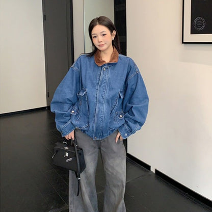【アウター】襟付き ショート丈 ゆったり 配色切替 アメリカンスタイル ジャケット 【FCシリーズ】
