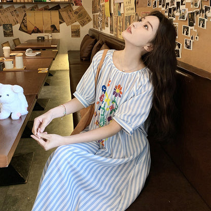 【ワンピース】韓国風 上品 リラックス感 ストライプ柄 半袖ワンピース レディース 夏用【SHシリーズ】