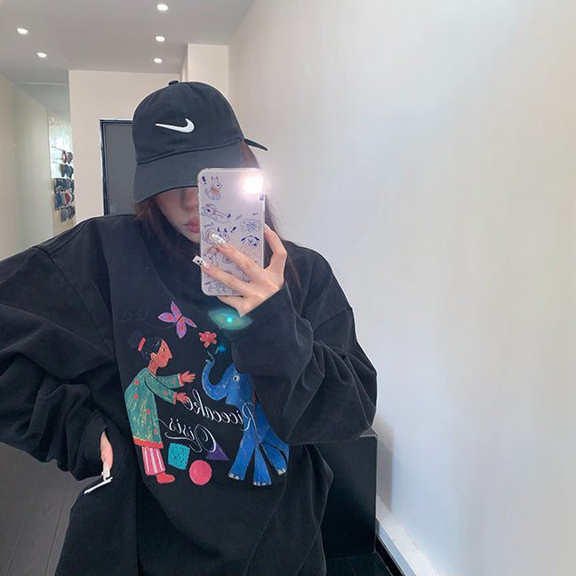 【トップス】ヴィンテージ風グラフィックロンT レディース 落書きプリント 長袖Tシャツ ゆったり ストリート【FCシリーズ】