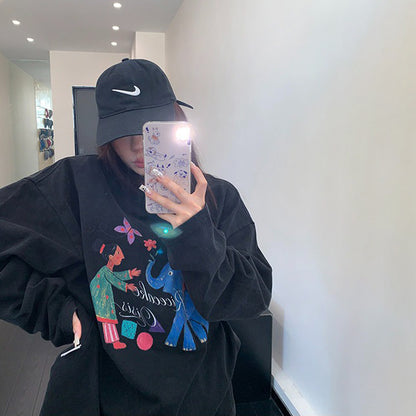 【トップス】ヴィンテージ風グラフィックロンT レディース 落書きプリント 長袖Tシャツ ゆったり ストリート【FCシリーズ】
