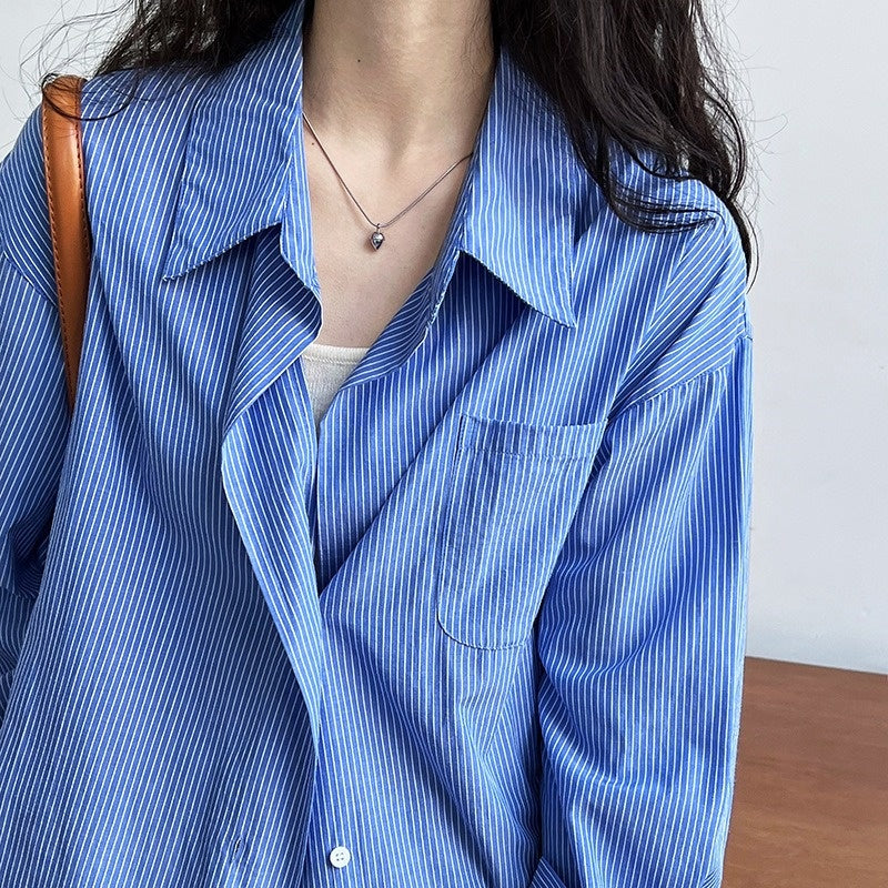 【トップス】春 秋 夏 ルーズ ストライプ ドロップショルダー シャツ 【JZシリーズ】