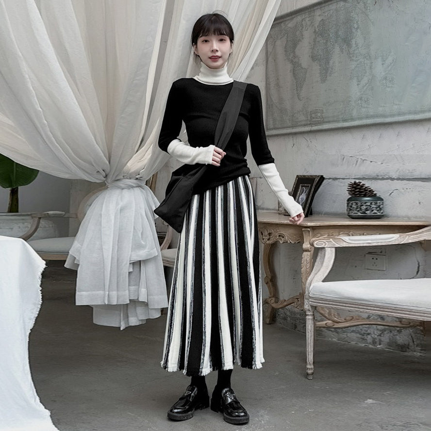 【ボトムス】配色ストライプ フリンジ ニット ワイド スカート 秋冬コーデしやすい Aライン ロングスカート【JZシリーズ】