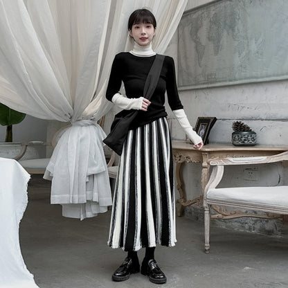 【ボトムス】配色ストライプ フリンジ ニット ワイド スカート 秋冬コーデしやすい Aライン ロングスカート【JZシリーズ】