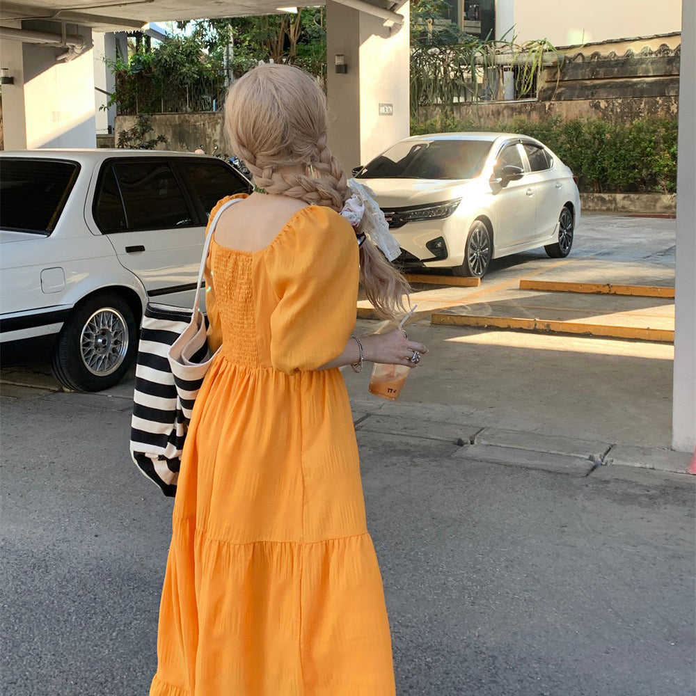 【ワンピース】韓国風 気質 美白効果 スタイルアップ 無地 半袖ワンピース 夏 スイートレディ風 リゾートコーデ