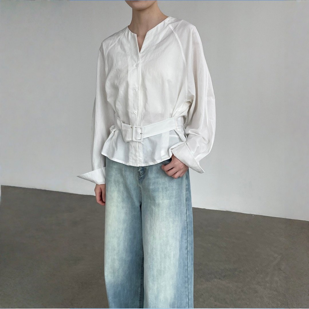 【トップス】ウエストシェイプ Vネック 通勤スタイル リボン付き シャツ 【JZシリーズ】