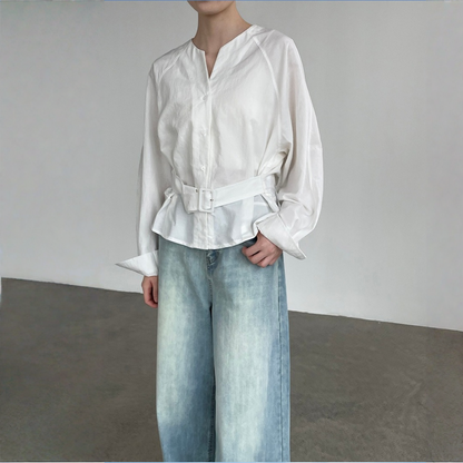 【トップス】ウエストシェイプ Vネック 通勤スタイル リボン付き シャツ 【JZシリーズ】