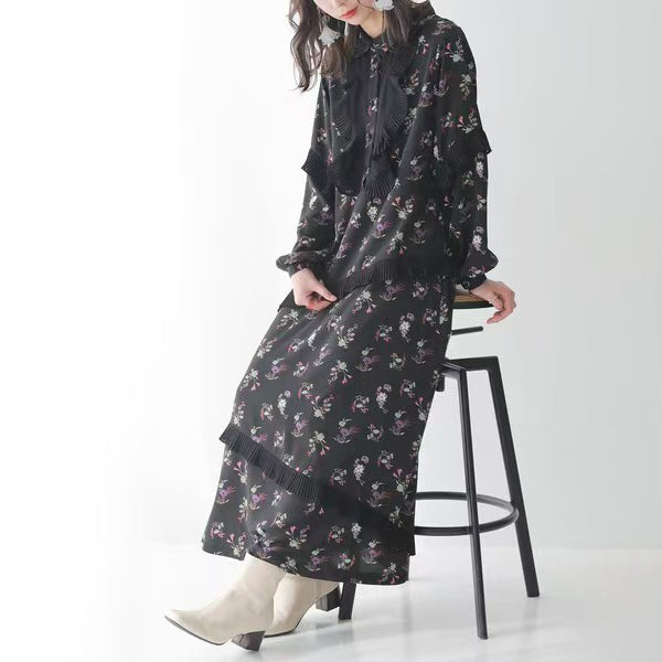【ワンピース】フレンチ花柄ロングワンピース レディース 長袖 ギャザーデザイン ナチュラル フェミニン【SHシリーズ】