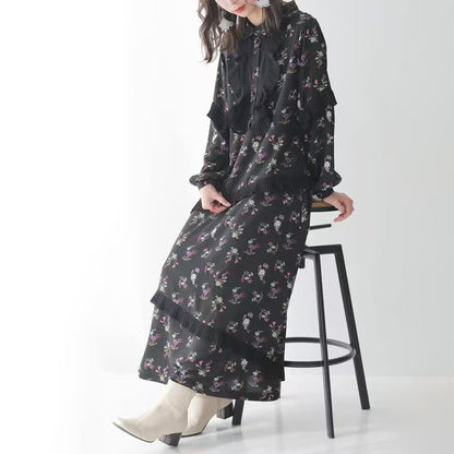 【ワンピース】フレンチ花柄ロングワンピース レディース 長袖 ギャザーデザイン ナチュラル フェミニン【SHシリーズ】