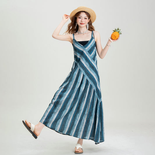【ワンピース】アート斜めストライプ キャミワンピース レディース 夏 リネン風 ノースリーブ ロングワンピース ゆったり リゾート【SHシリーズ】