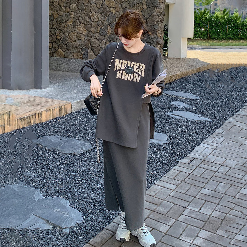 2点セット！【セットアップ】韓国風 学院スタイル アシンメトリースウェット ロングスカートレディース  上下セット【JZシリーズ】