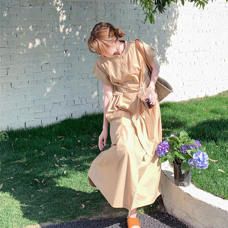 【ワンピース】カジュアル スリム見え カーキ シャツワンピース レディース 夏 ロング丈 個性的で美しい 気品あるおしゃれスタイル【JZシリーズ】