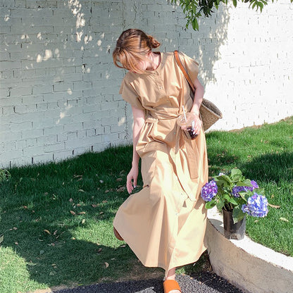 【ワンピース】カジュアル スリム見え カーキ シャツワンピース レディース 夏 ロング丈 個性的で美しい 気品あるおしゃれスタイル【JZシリーズ】