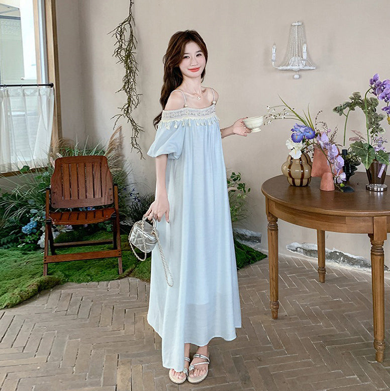 【ワンピース】ロマンチックバカンス風 ゆったりオフショルダー フリンジ ノースリーブワンピース