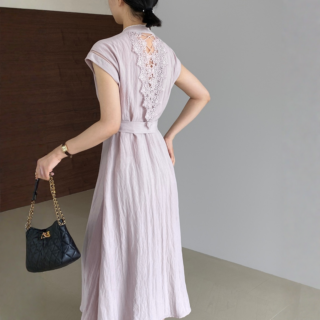 蕾絲刺繡V領露背連衣裙｜夏季法式氣質長裙｜顯瘦優雅洋裝【JZ系列】