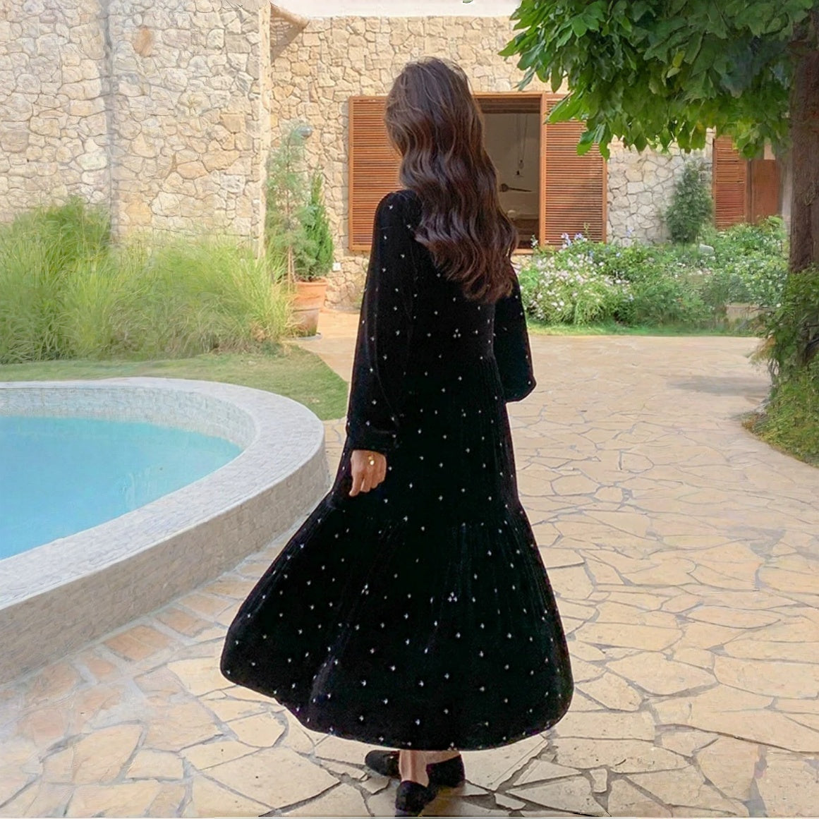 ワンピース】春 秋 冬 大人フェミニン フレンチレトロ 刺繍 ベルベット