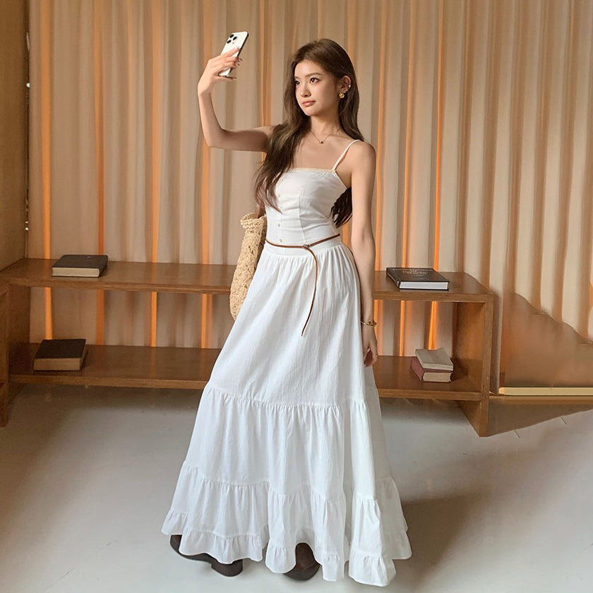【ワンピース】コットン素材 キャミワンピース 白 夏新作 フレアロング丈 ノースリーブ スリム見え ティアードデザイン レディース【JZシリーズ】