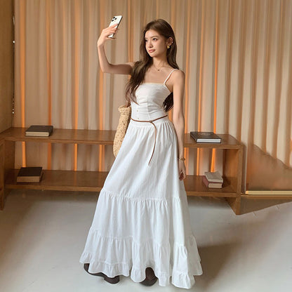 【ワンピース】コットン素材 キャミワンピース 白 夏新作 フレアロング丈 ノースリーブ スリム見え ティアードデザイン レディース【JZシリーズ】