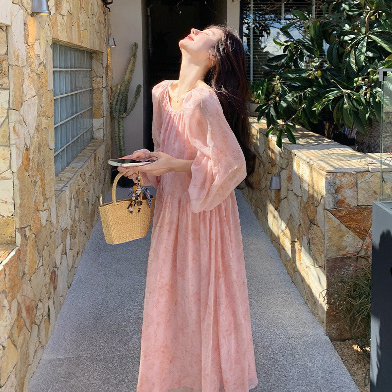 【ワンピース】フェミニン 長袖 花柄ワンピース レディース 春夏秋 シフォン バックオープン ロング丈【SHシリーズ】