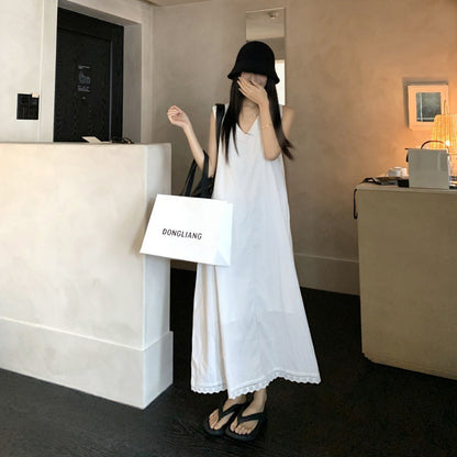 【ワンピース】ホワイト Vネック ノースリーブ Aライン ロング丈 リゾート風 ゆったり ナチュラル ワンピース【JZシリーズ】