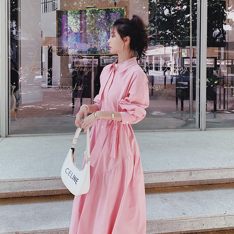 【ワンピース】高級感のある小洒落デザイン ピンク長袖シャツワンピース レディース 春秋 ユニークでおしゃれ 上品な大人風 ロングワンピース【JZシリーズ】