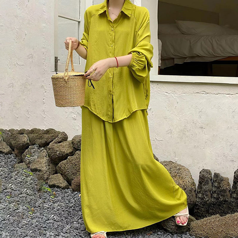 2点セット！【セットアップ】春新作 韓国風 大きいサイズ レディース ゆったりシルエット ウエストリボン シャツ+スカート 上下セット【JZシリーズ】