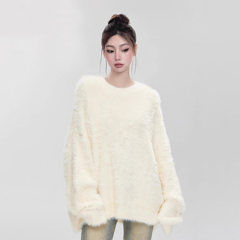 【トップス】ふわふわ 猫モチーフ ミンク風 秋冬 厚手 ゆったり マハラム風 クルーネック セーター【FCシリーズ】