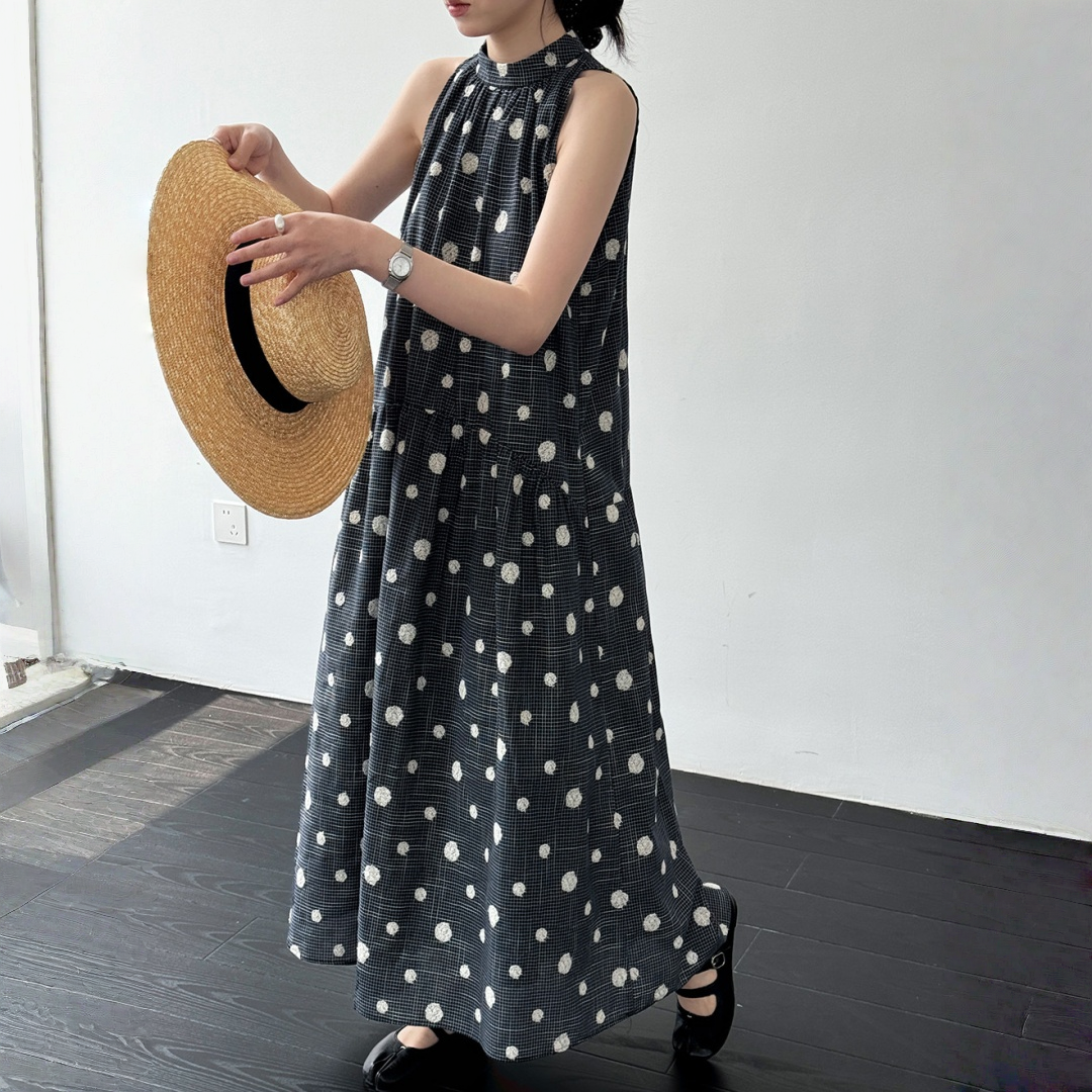 【ワンピース】ドット柄 刺繍 海辺風 ノースリーブ リゾート風 ワンピース 【JZシリーズ】