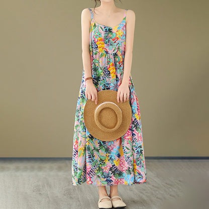 【ワンピース】森ガール風 綿麻花柄キャミソールワンピース 軽やかで涼しい薄手素材 ノースリーブワンピース【SHシリーズ】