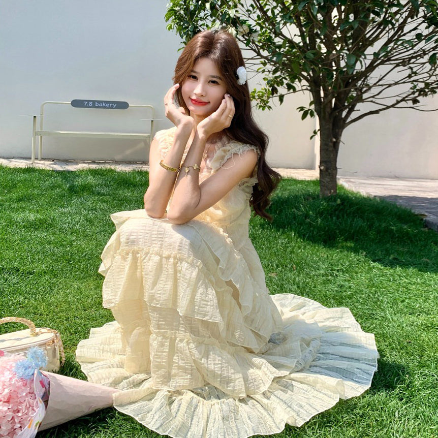 【ワンピース】夏新作 ノースリーブ ティアードワンピース ミルク系 やさしい雰囲気 若見え ロングドレス【SHシリーズ】