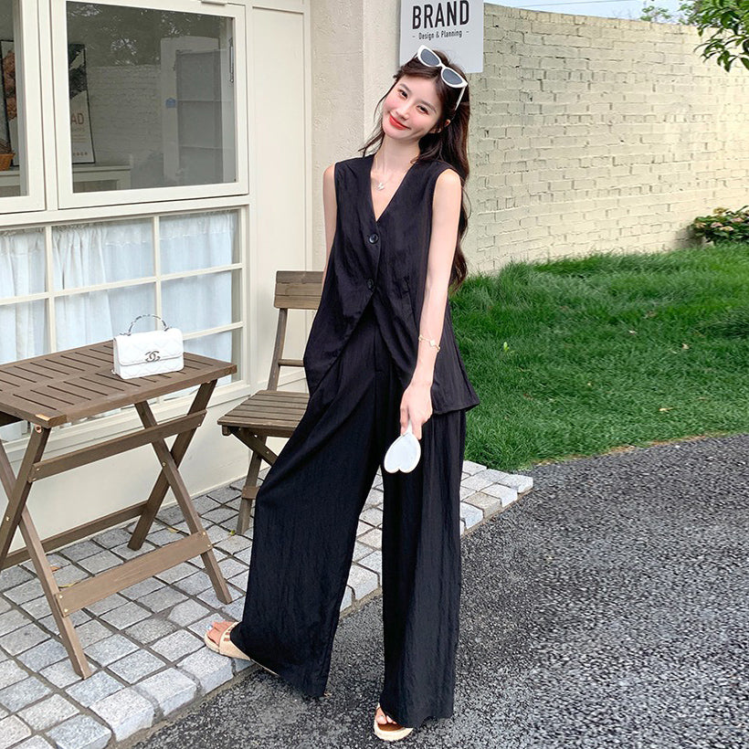 2点セット！【セットアップ】通勤＆デイリー兼用 バックレスデザイン ジレ＋ワイドパンツ 上下セット【JZシリーズ】【SNシリーズ】