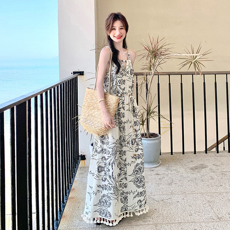 【ワンピース】ヴィンテージ水墨プリント フリンジパッチワーク リゾート風 ノースリーブワンピース【SHシリーズ】