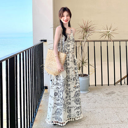 【ワンピース】ヴィンテージ水墨プリント フリンジパッチワーク リゾート風 ノースリーブワンピース【SHシリーズ】