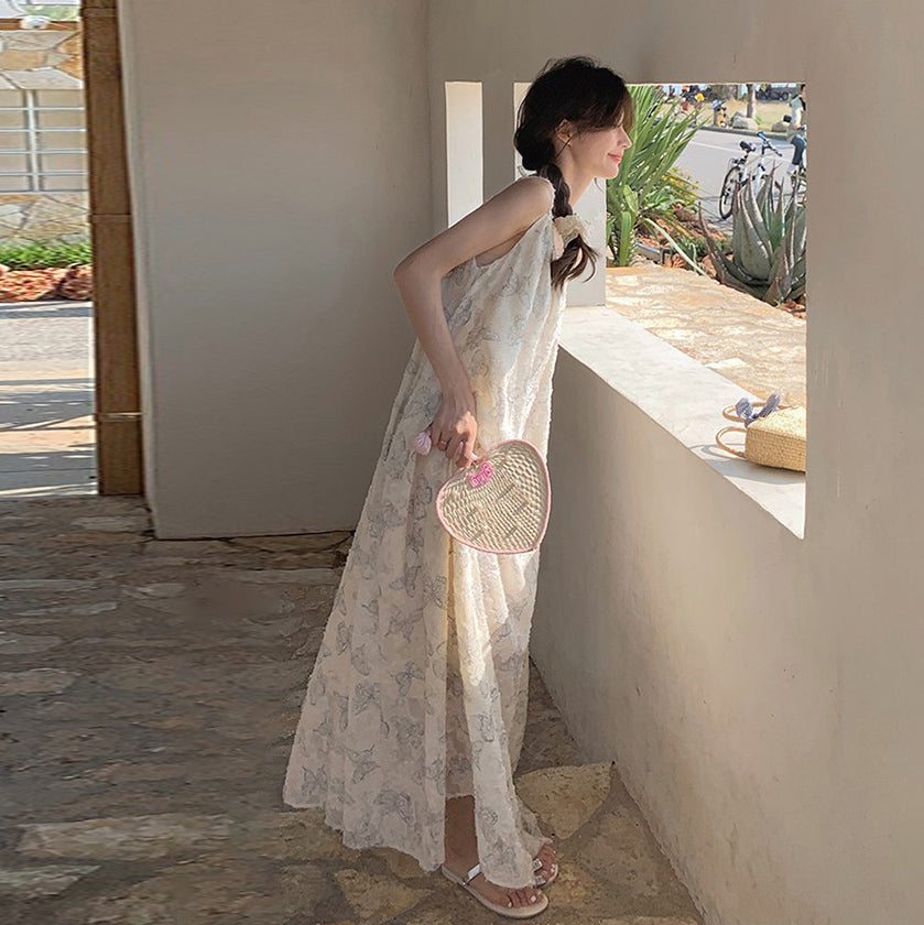 【ワンピース】夏新作 レース刺繍＆バタフライプリント ノースリーブキャミソールワンピース 気質漂うエレガントロングドレス【SHシリーズ】
