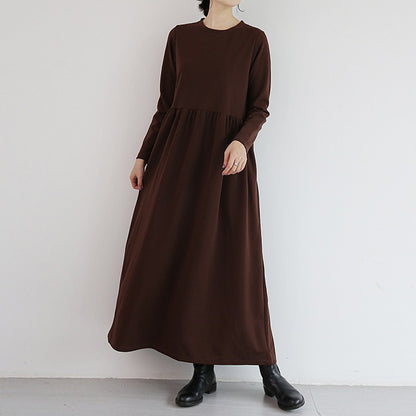 【24AW】【ワンピース】4color 無地 レトロ ラウンドネック ゆったり 長袖ワンピース