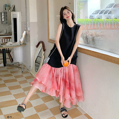 【ワンピース】高見え ノースリーブ花柄切替ワンピース トレンド感ある上品な美シルエット【SHシリーズ】