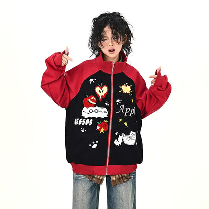 【アウター】アメリカンレトロ プリント アップル キャット 男女兼用 ジャケット【FCシリーズ】