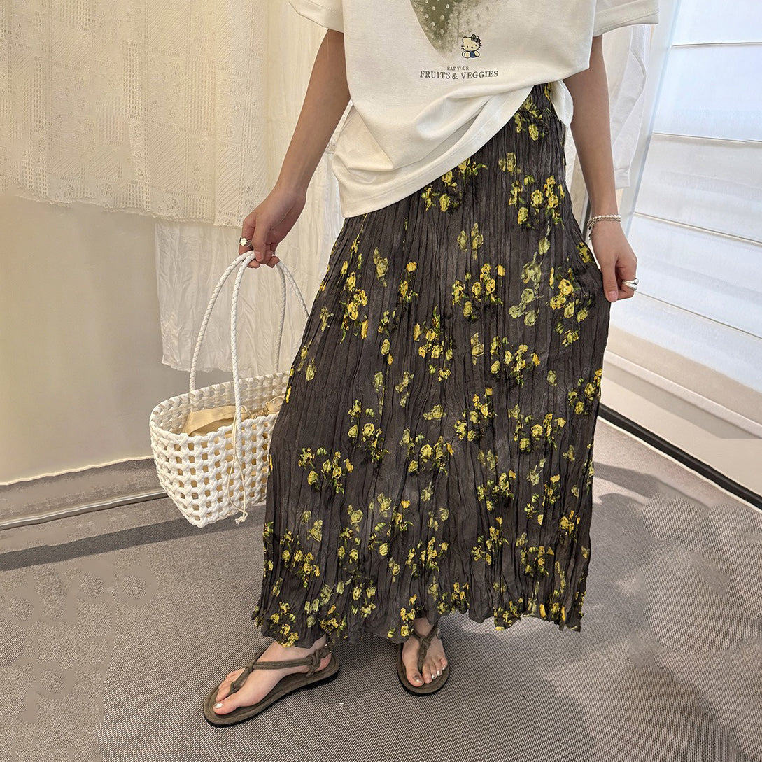 【ボトムス】春夏新作 気質 ゴムウエスト リゾート風 プリーツフラワー柄 スカート【SHシリーズ】