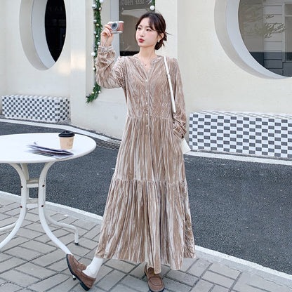 【ワンピース】Vネック ベロア 長袖ワンピース 春新作 ゆったり フレンチレトロ【JZシリーズ】