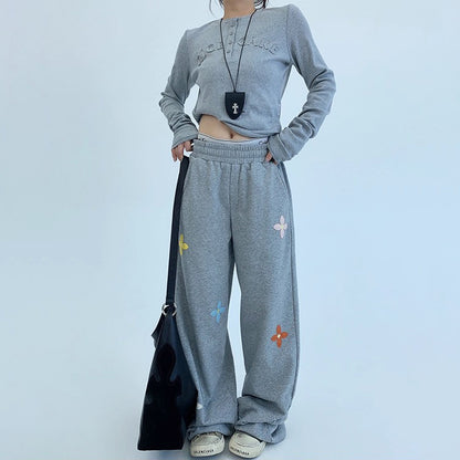 【ボトムス】重工刺繍×ヴィンテージ加工 スウェットパンツ レディース 秋新作 ストリートカジュアル【FCシリーズ】