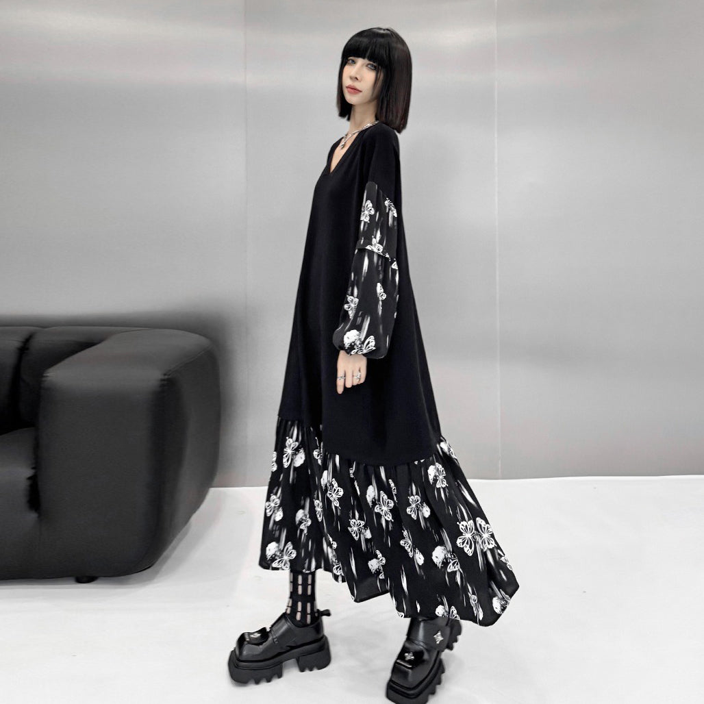 【ワンピース】おしゃれ フェイクレイヤード 切り替えVネックニット 長袖ワンピース ゆったりデザイン Aライン【AHシリーズ】